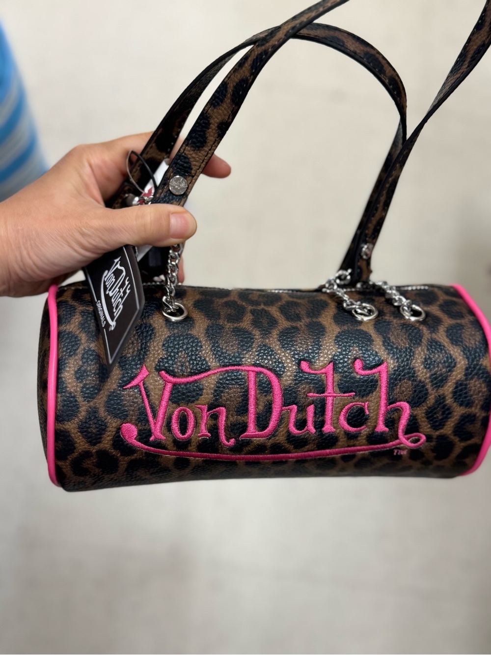 Von Dutch Leopard Print Barrel Bag in Brown with Pink Trim